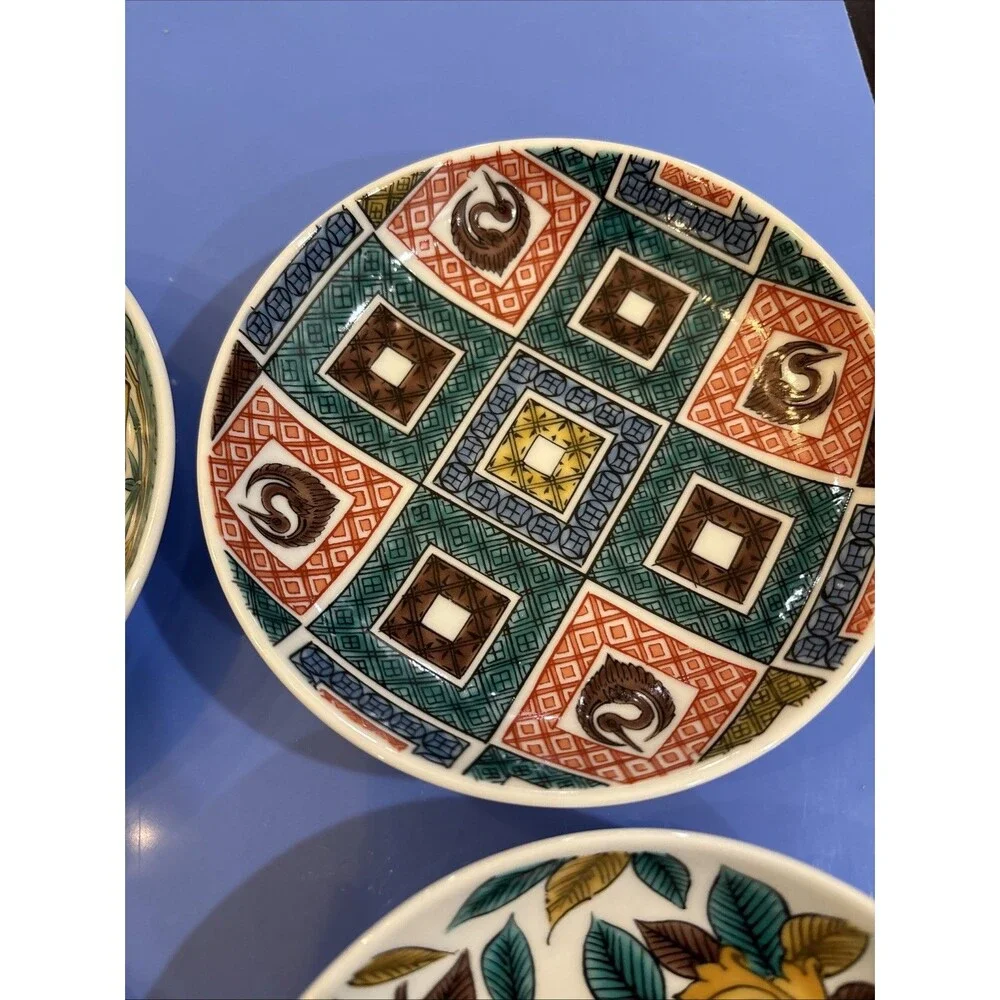 Japanese Kutani Ware Ko Kutani 5 Plate Set Birds Floral Original Box